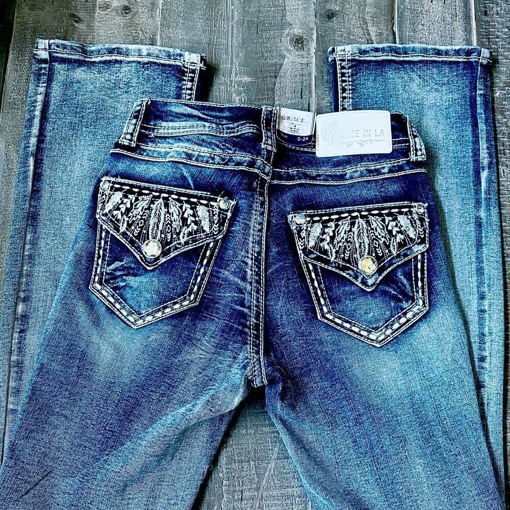 Grace in LA Bling Feather Embroidered Vintage Wash Bootcut Jeans 0 24